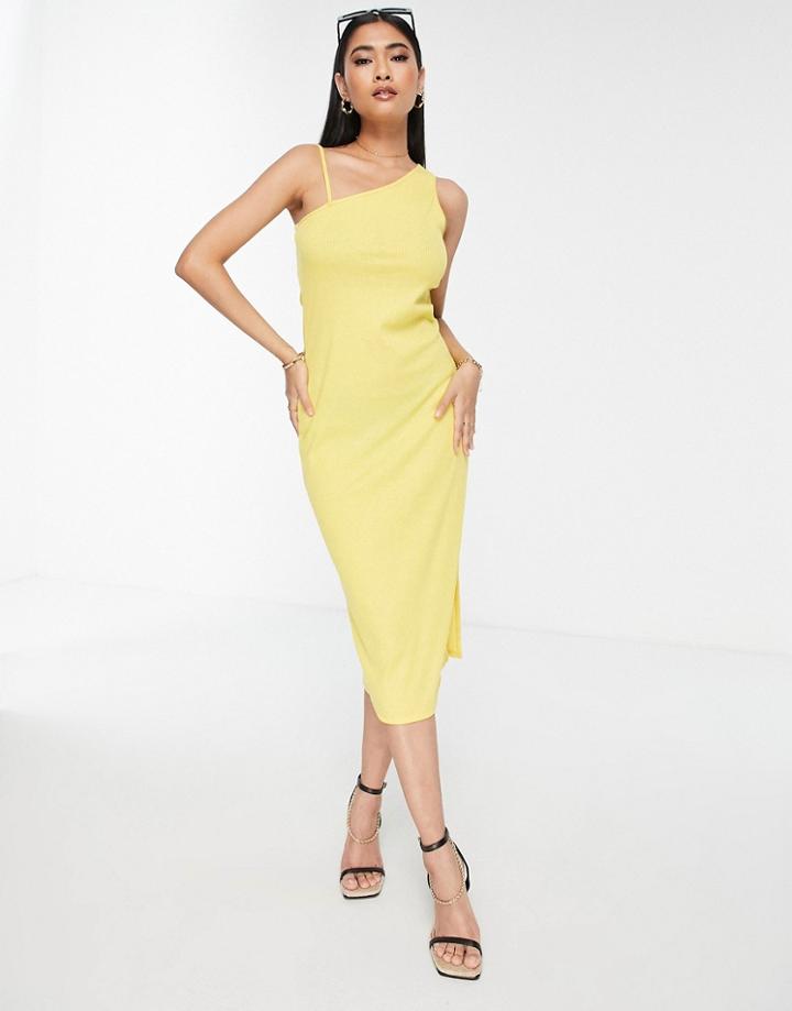 Vero Moda Ribbed Jersey Body-conscious Midi Dress With One Shoulder In Yellow