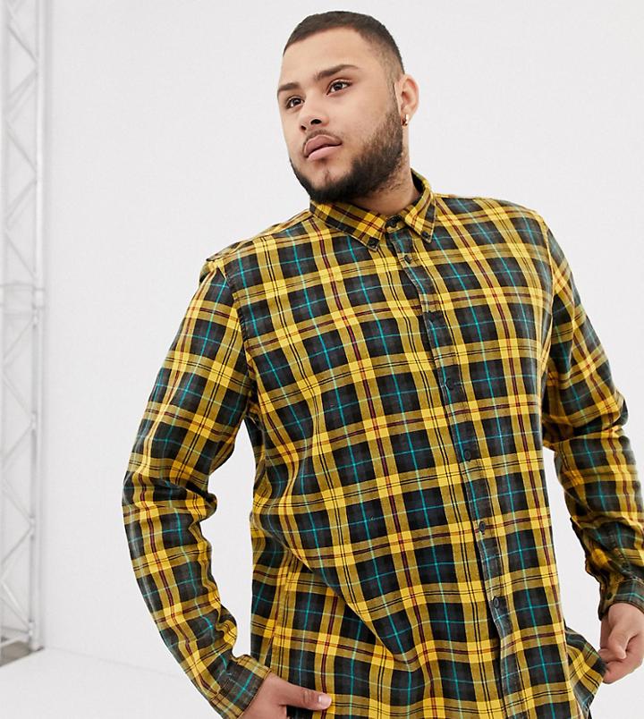 Asos Design Plus Regular Fit Check Shirt In Black & Mustard With Acid Wash - Yellow