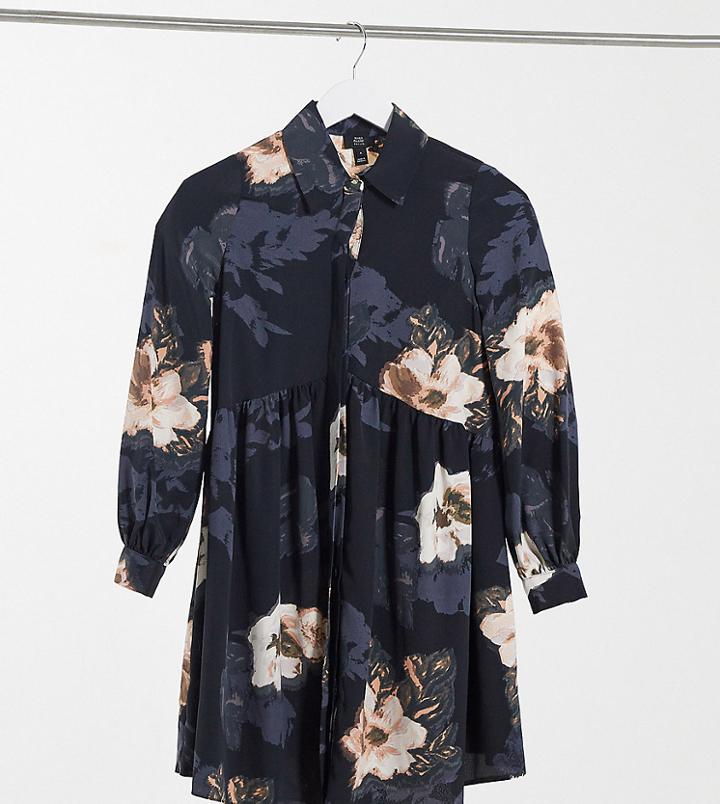River Island Petite Floral Smock Mini Shirt Dress In Black