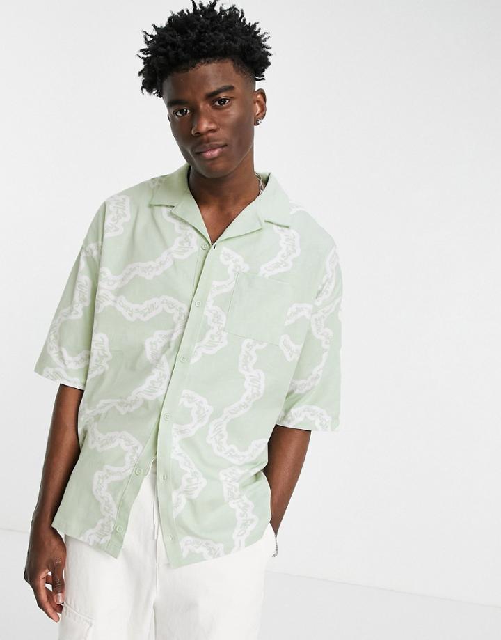 Asos Daysocial Set Oversized Button Through Polo Shirt All Over Print In Mint-green