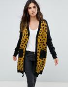 Liquorish Button Up Cardigan With Patch Pockets In Leopard - Multi