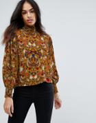 Qed London High Neck Printed Blouse - Yellow