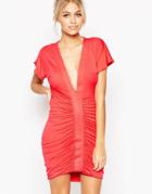 Hedonia Heidi Plunge Neck Dress With Ruched Front - Coral