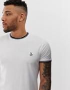 Original Penguin Ringer Crew Neck T-shirt With Sticker Pete Logo In White - White