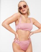 Asos Design Ruched Aysmmetric Crop Bikini Top In Coral Sand-orange