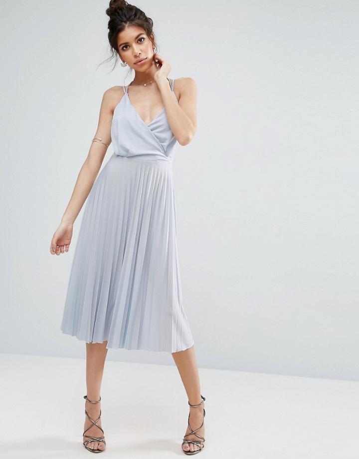 Asos Blouson Wrap Pleated Midi Dress - Blue