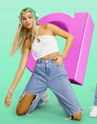 Asos Design High Rise 'original' Mom Jeans In Midwash With Rips-blues