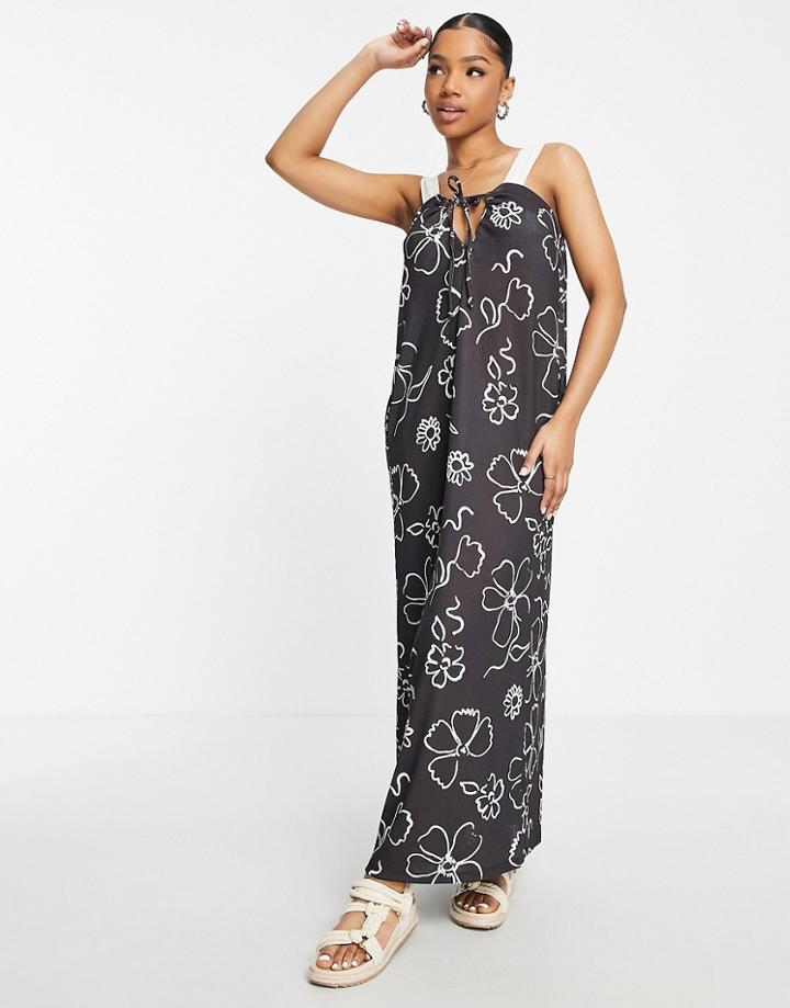 Asos Design Wide Strap Maxi Dress In Black Drawn Floral Print-multi