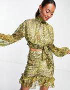 Asos Design High Neck Top With Tie Front Detail In File Coupe Paisley Print - Part Of A Set-multi
