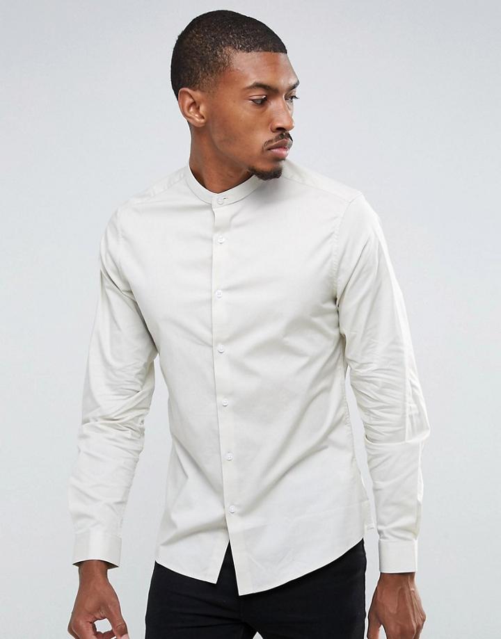 Asos Slim Shirt In Ecru With Stretch And Grandad Collar - Gray