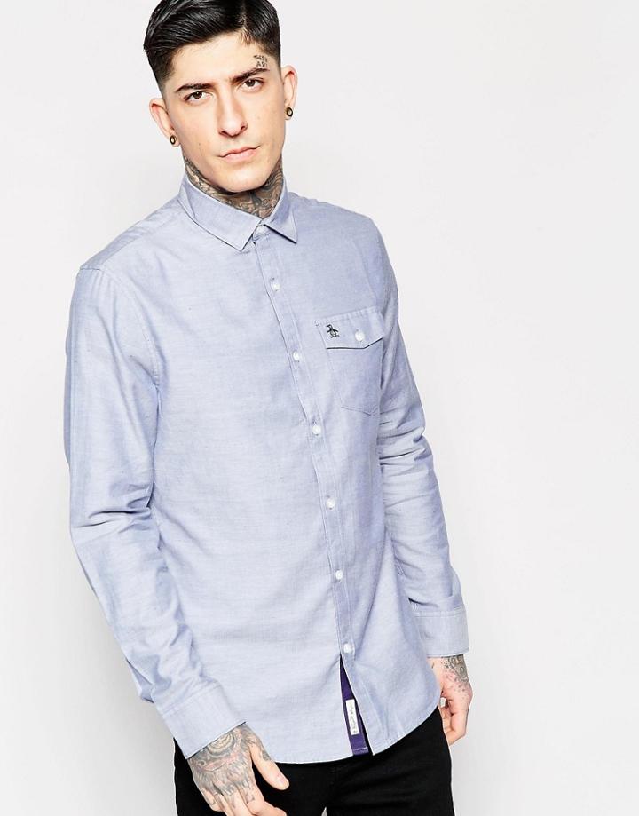 Original Penguin Nep Herringbone Chambray Long Sleeved Shirt - Blue