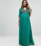 Asos Maternity Deep V Neck Embellished Maxi Dress - Green