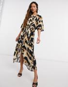 River Island Leopard Knot Front Wrap Midi Dress In Brown