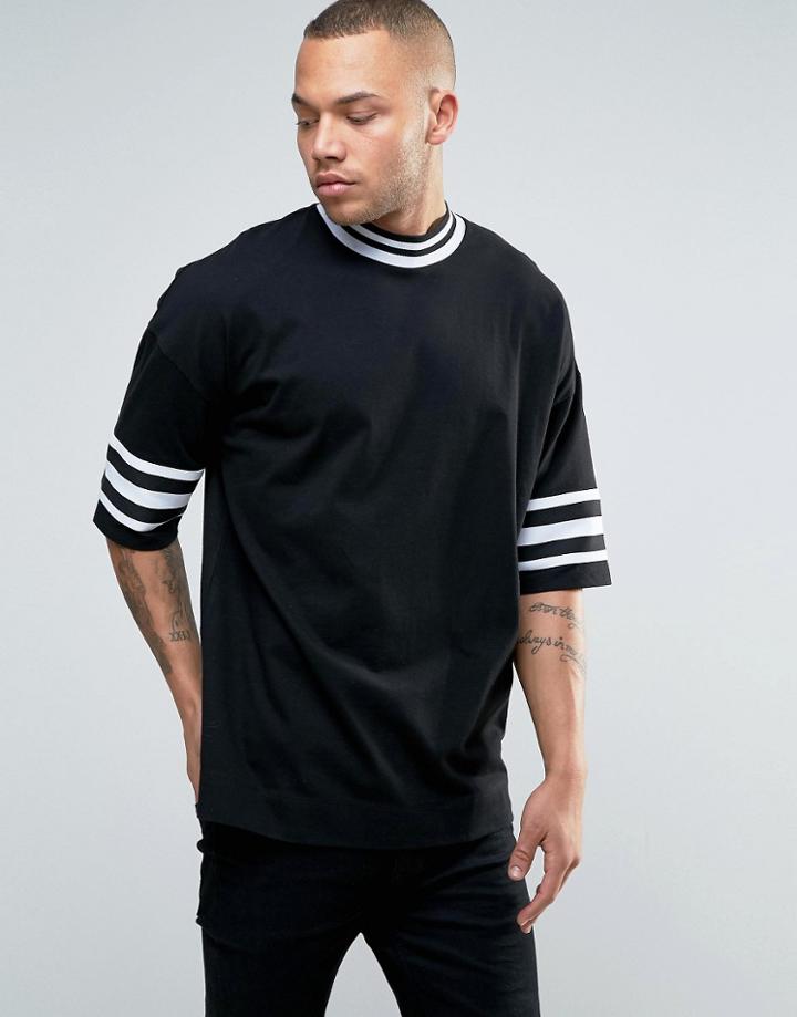 Asos Oversized T-shirt With Monocrome Tipped Hem And Cuff - Black