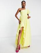 Maya Prom Floral Lace One Sleeve Maxi Dress In Yellow