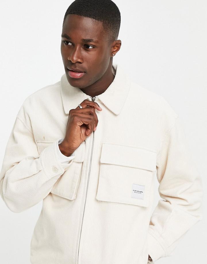 Topman Cord Zip Through Jacket With Branding In Ecru-neutral