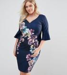 Little Mistress Plus Printed Bodycon Dress With Fluted Sleeve - Multi