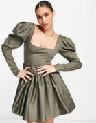 Asos Design Bonded Cotton Poplin Skater Mini Dress In Khaki-green