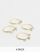 Asos Design Pack Of 4 Rings With Stone And Crystal Details In Gold - Gold
