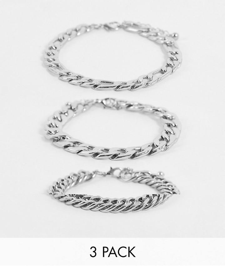 Asos Design 3 Pack Mixed Chunky Chain Bracelet Set With Figaro And Curb Chain In Burnished Silver Tone