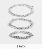 Asos Design 3 Pack Mixed Chunky Chain Bracelet Set With Figaro And Curb Chain In Burnished Silver Tone