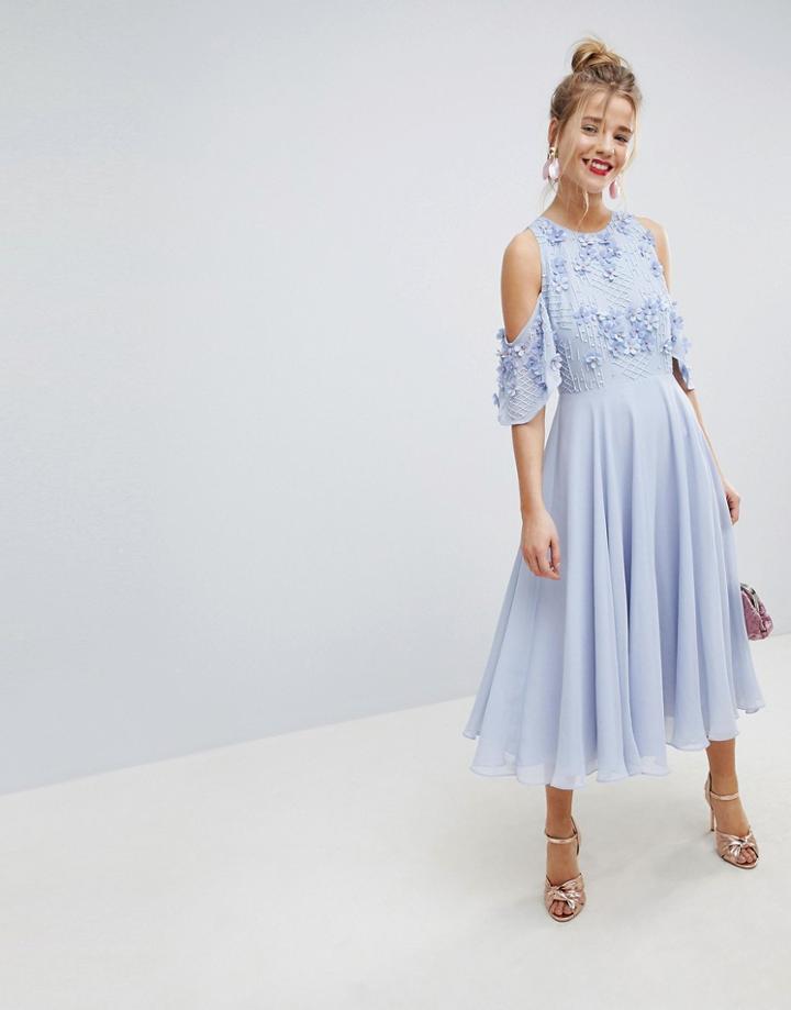 Asos Embellished 3d Cluster Cold Shoulder Midi Dress - Blue