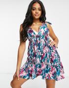 Asos Design Bunny Tie Shoulder Tiered Mini Beach Dress In Tropical Palm Print-multi