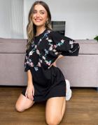 Asos Design Oversized T-shirt Dress With Criss Cross Floral Embroidery-black