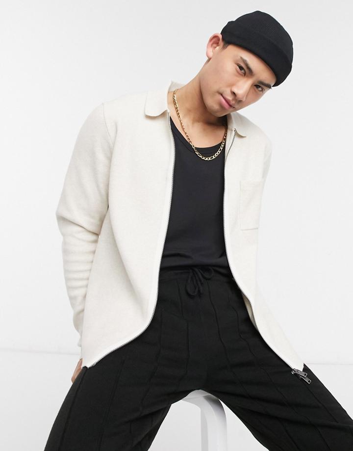 Selected Homme Knit Zip Through Jacket In Ecru-white