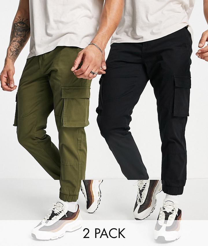 Only & Sons 2 Pack Cargo Pants In Black & Khaki-multi