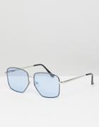 Asos Design Angled Square Sunglasses In Silver With Blue Lens - Blue