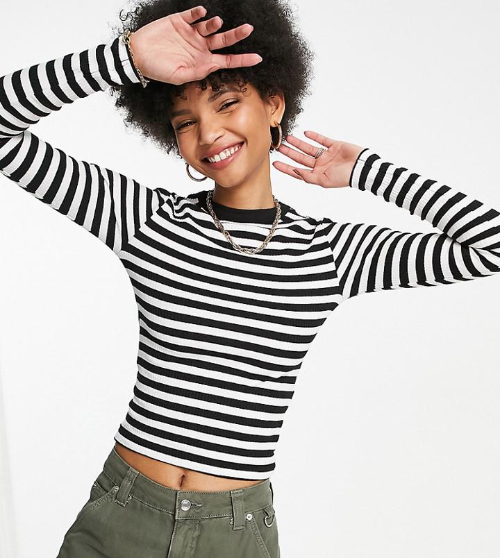 Asos Design Tall Fitted Top With Long Sleeve In Monochrome Stripe-multi