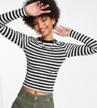 Asos Design Tall Fitted Top With Long Sleeve In Monochrome Stripe-multi