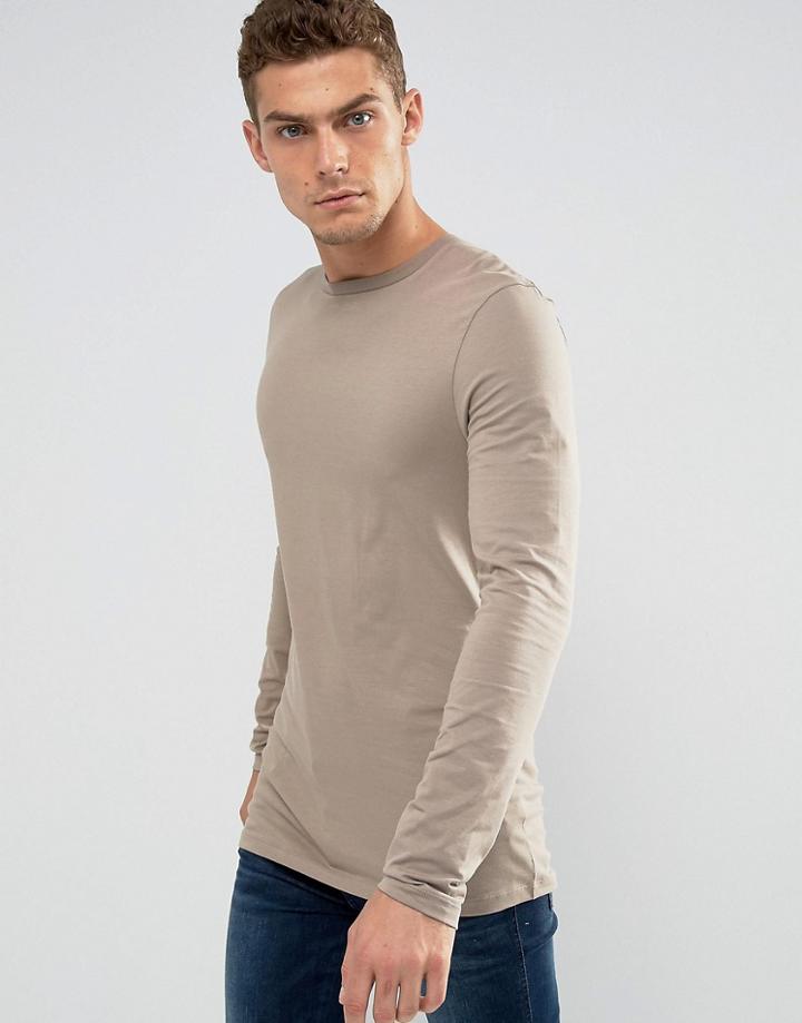 Asos Longline Long Sleeve Muscle Fit T-shirt - Brown
