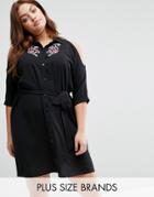 New Look Plus Embrodiered Cold Shoulder Shirt Dress - Black