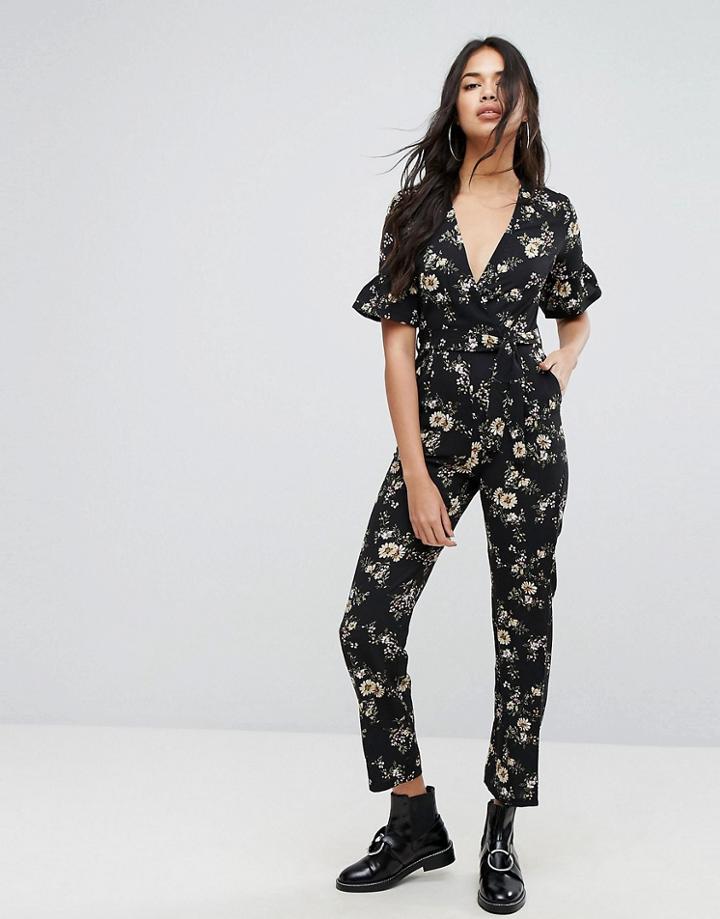 Prettylittlething Floral Jumpsuit - Black