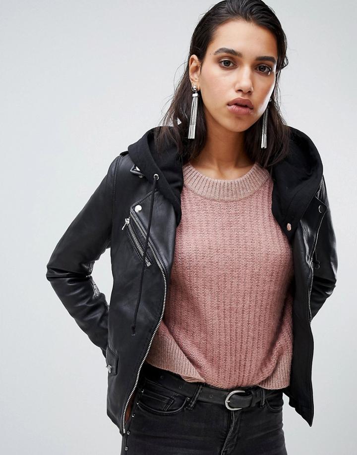 Goosecraft Leather Biker Jacket With Removable Hood - Black