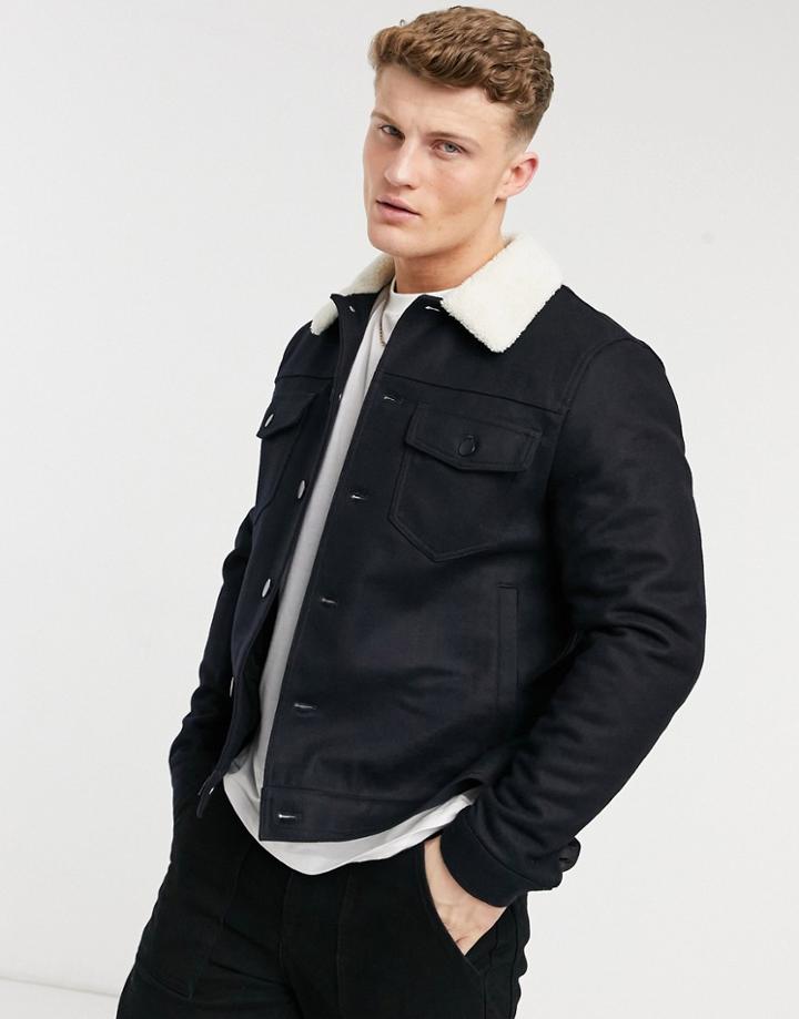 River Island Borg Western Jacket In Navy