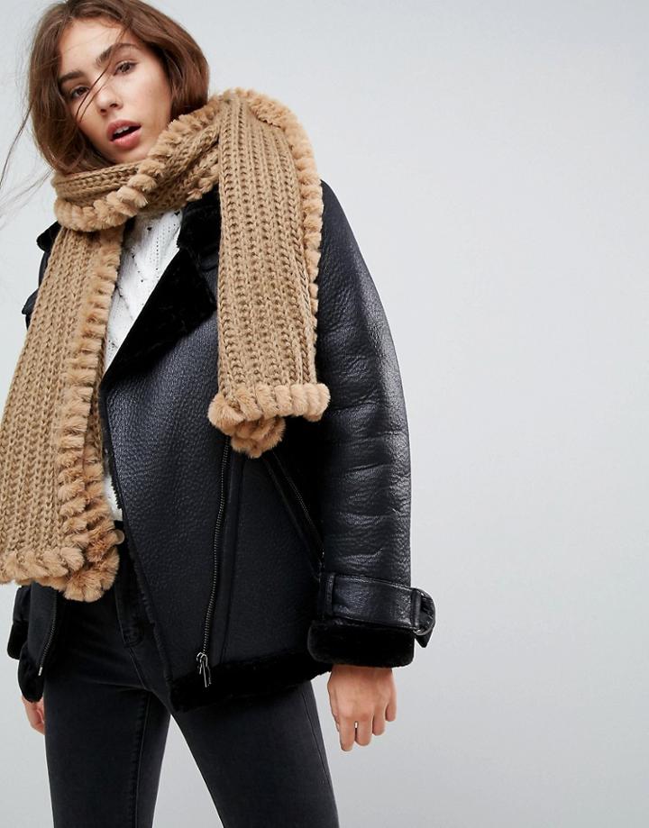 Urbancode Knitted Scarf With Faux Fur Trim - Beige
