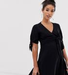 Asos Design Maternity Double Wrap Front Mini Skater Dress With Tie Sleeves-black