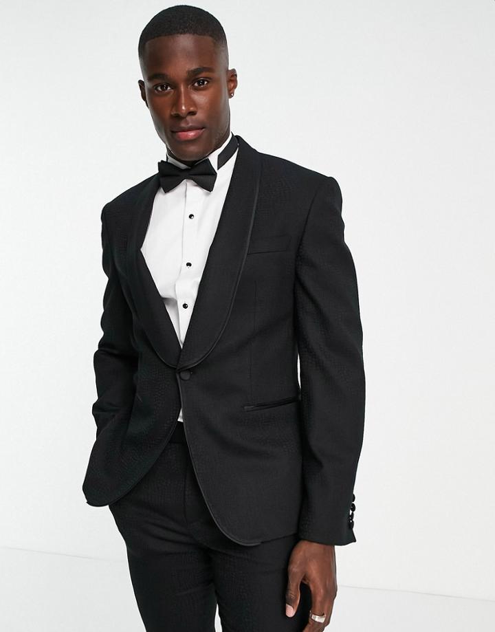 Noak Skinny Tuxedo Suit Jacket In Black Virgin Wool Blend Snake Jacquard