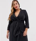 Asos Design Curve Mini Tux Dress With Self Tie Belt-black