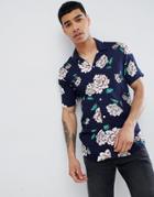 Solid Short Sleeve Revere Collar Shirt In Floral Print - Navy