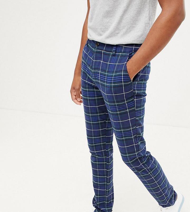 Asos Design Tall Slim Pants In Navy Check - Navy
