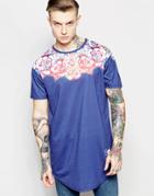 Floral Watercolour Curved Hem T-shirt - Navy