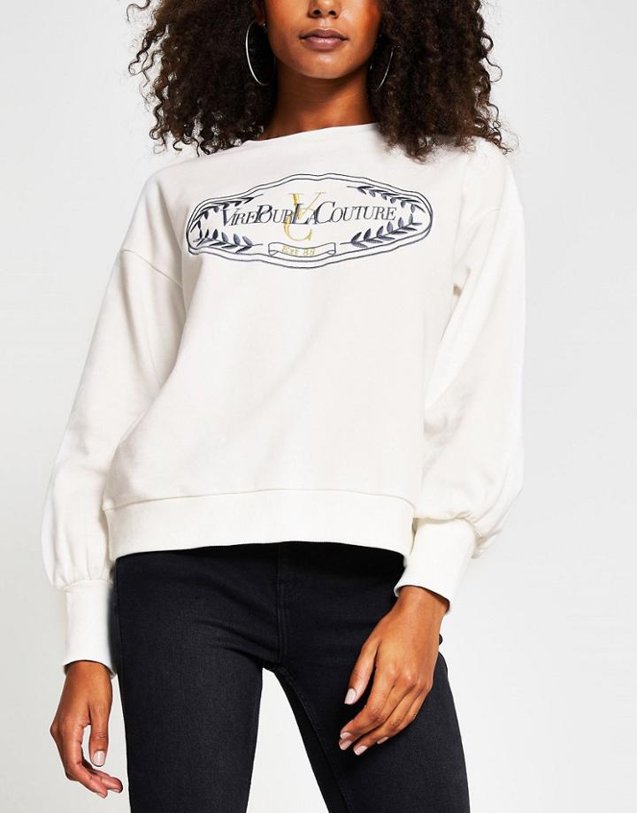 River Island Blouson Sleeve Embroidered Sweatshirt In White