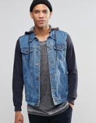 Pull & Bear Denim Jacket With Jersey Hoodie In Navy - Blue
