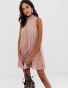 Asos Design High Neck Pleated Broderie Mini Swing Dress - Pink