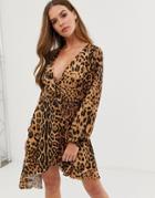 In The Style Billie Faiers Leopard Print Asymmetric Wrap Dress - Multi