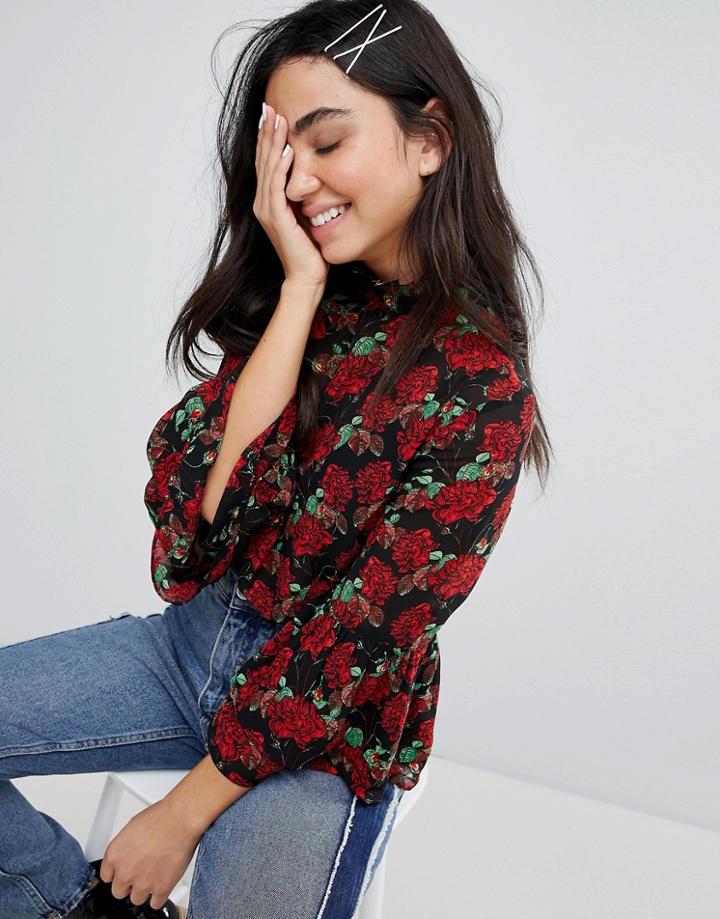Monki Floral Print Flare Sleeve Blouse - Black